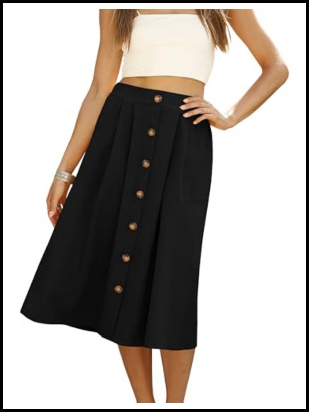 Women's A-Line Midi Skirt Front Button High Waisted Pockets Casual